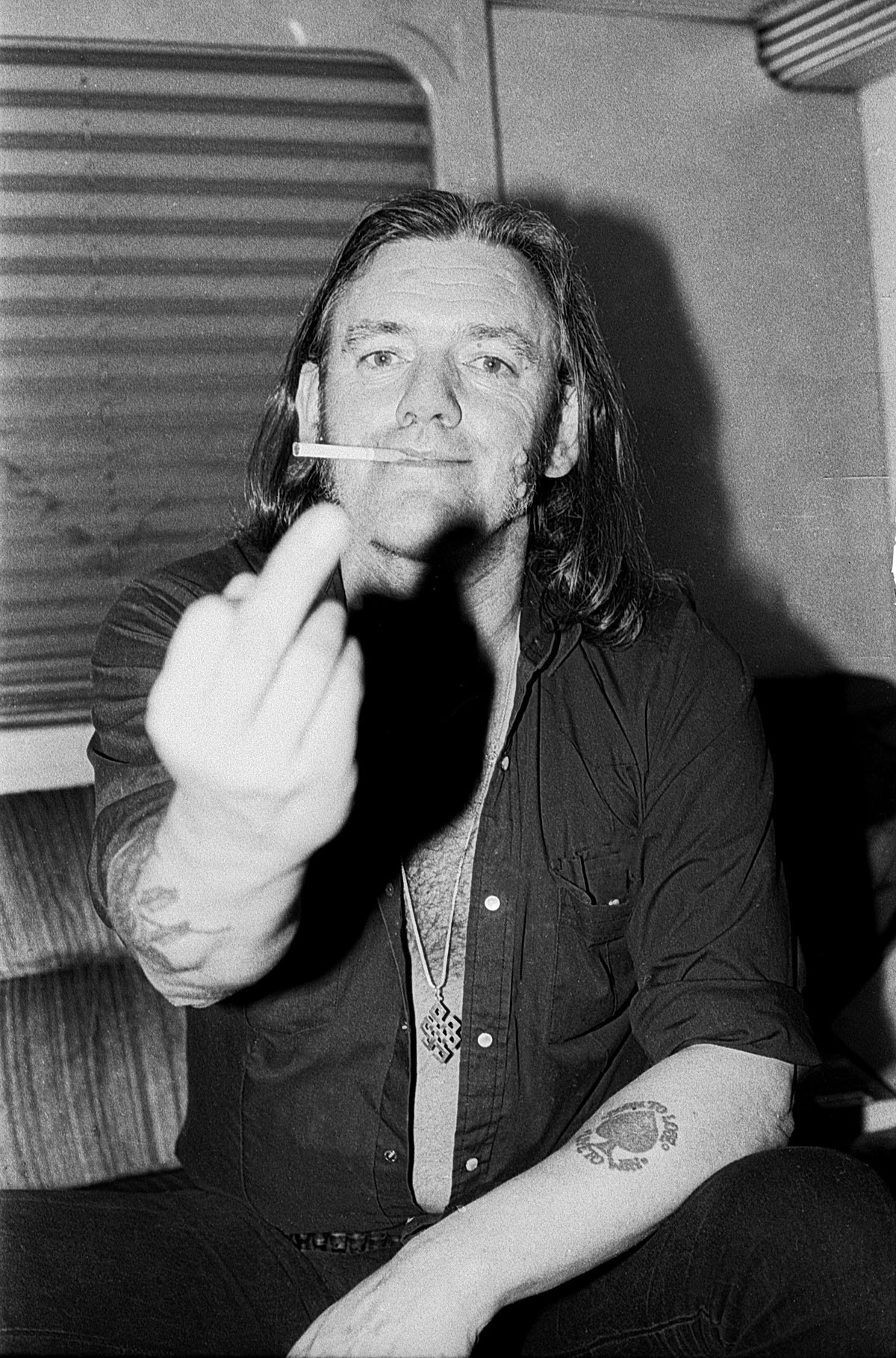 Lemmy Kilmister, Finger - Framed Black and White Print - Ozzfest, New Jersey, 1998 - By John Veit