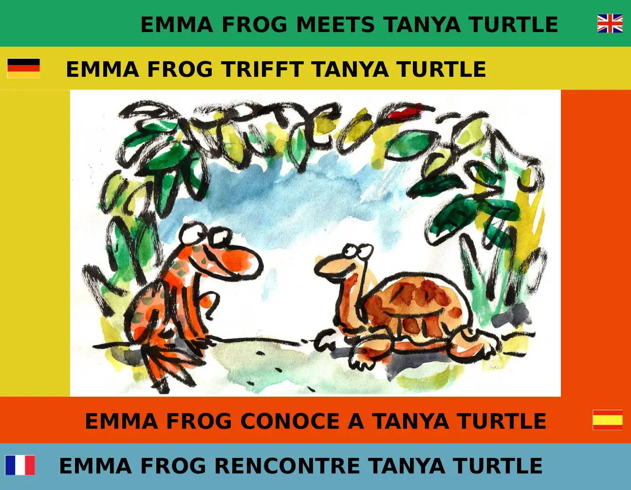 EMMA FROG MEETS TANYA TURTLE COVER Emma Frog meets Tanya Turtle in a colorful cartoon scene.